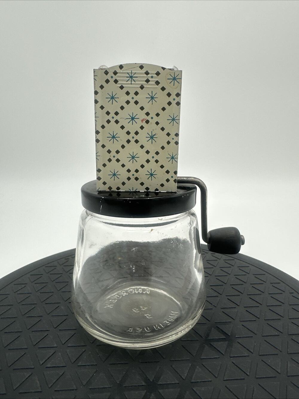 Vintage Androck #49 Nut Grinder Chopper Glass Jar Blue Starburst USA